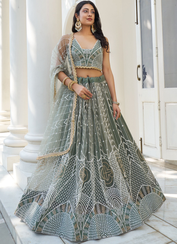 Beautiful Thread Work Net Party Wear Dusty Green Lehenga Choli